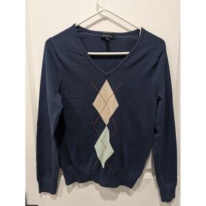 Lands‎ End Navy Blue V-Neck Argyle Sweater Womens Size M Lightweight Cotton